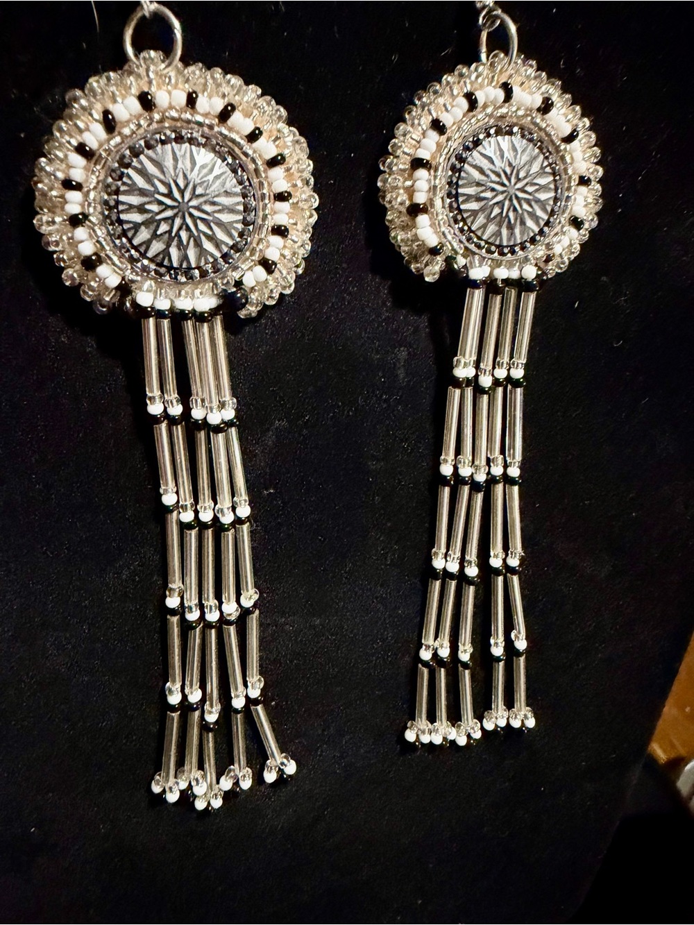Silver Tassel Drop Earrings with Beaded Medallions